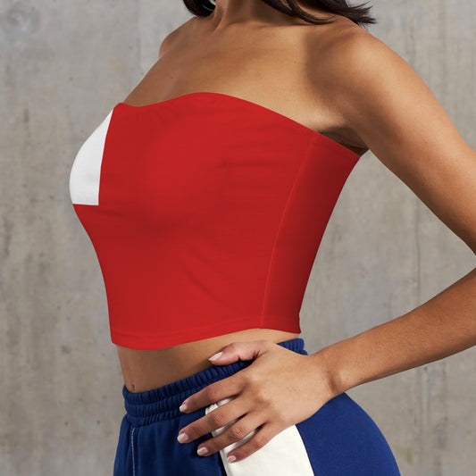 Woman wearing red tube top and blue pants, [Brand].