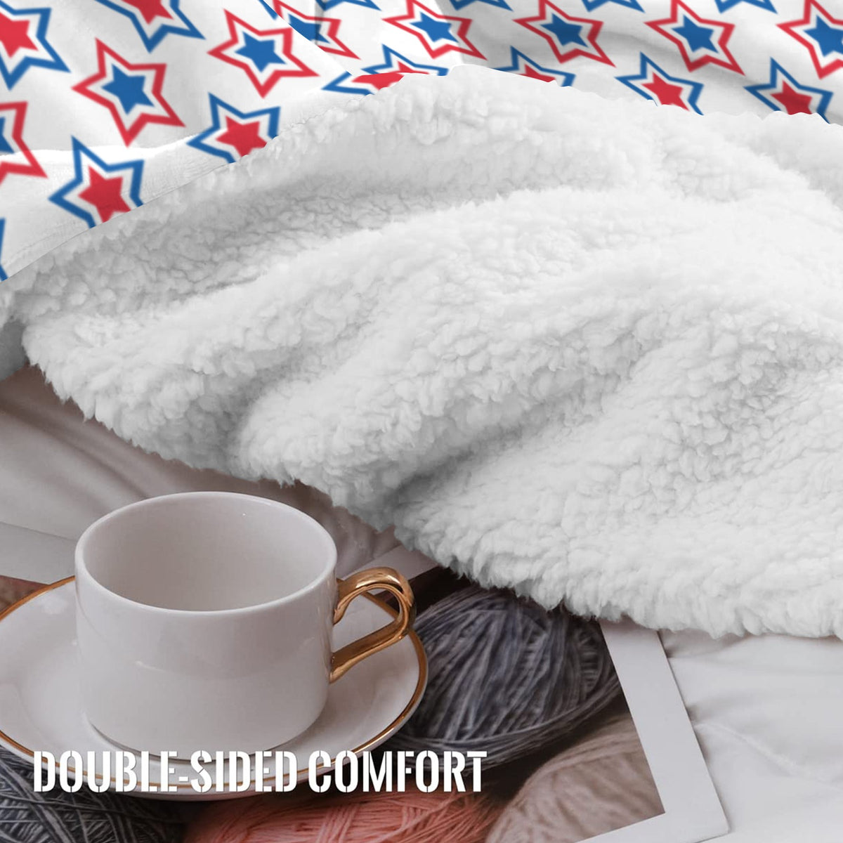 USA/American Flag Inspired Red, White & Blue Stars Pattern Sherpa Fleece Blanket 90" x 108" | Prtinted in the USA