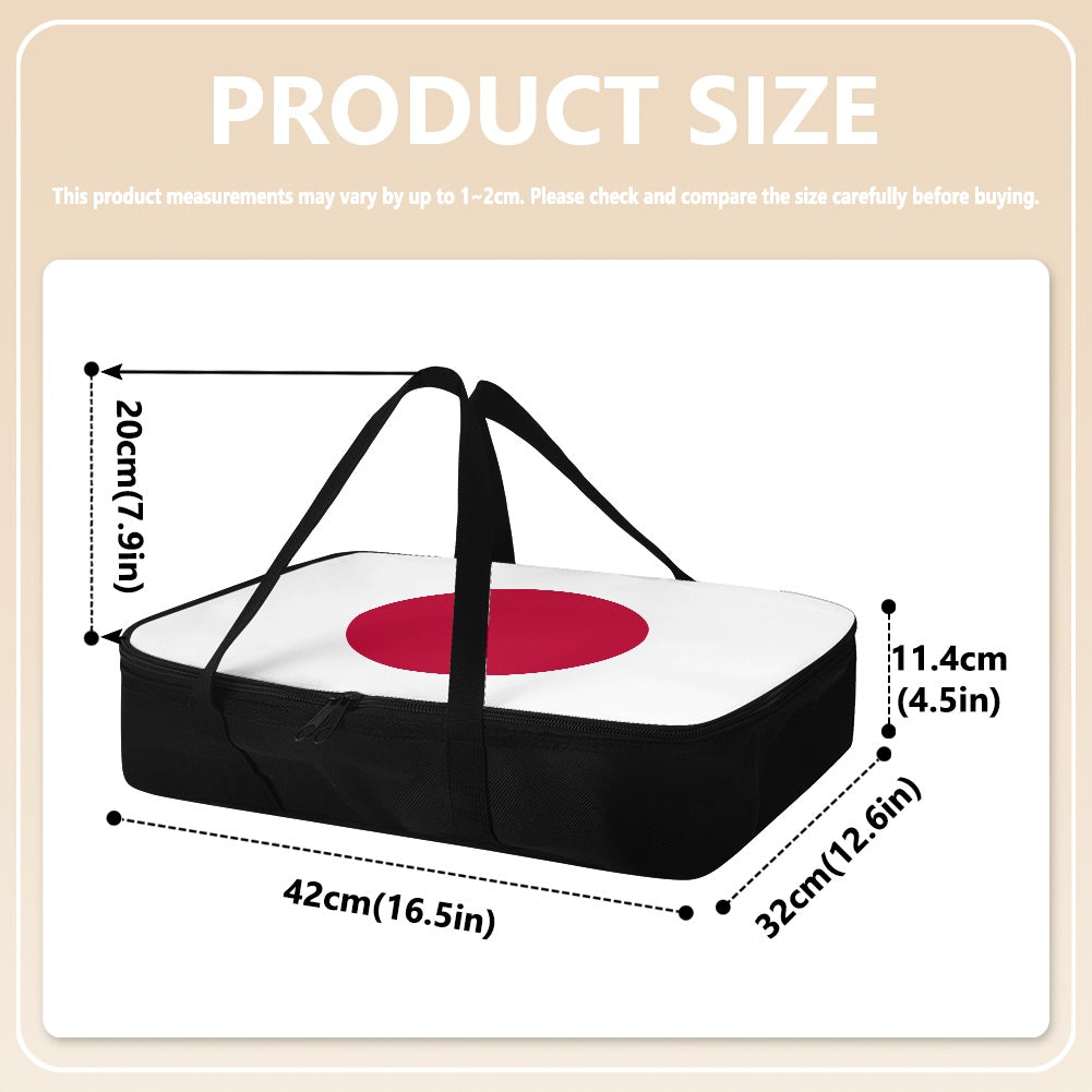 [Brand] black zippered bag with red circle, dimensions labeled.