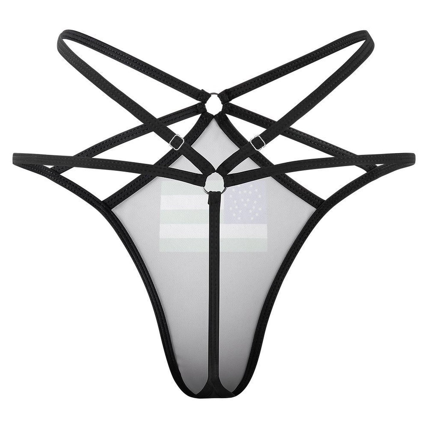 Black strappy harness lingerie by [Brand] on white background.