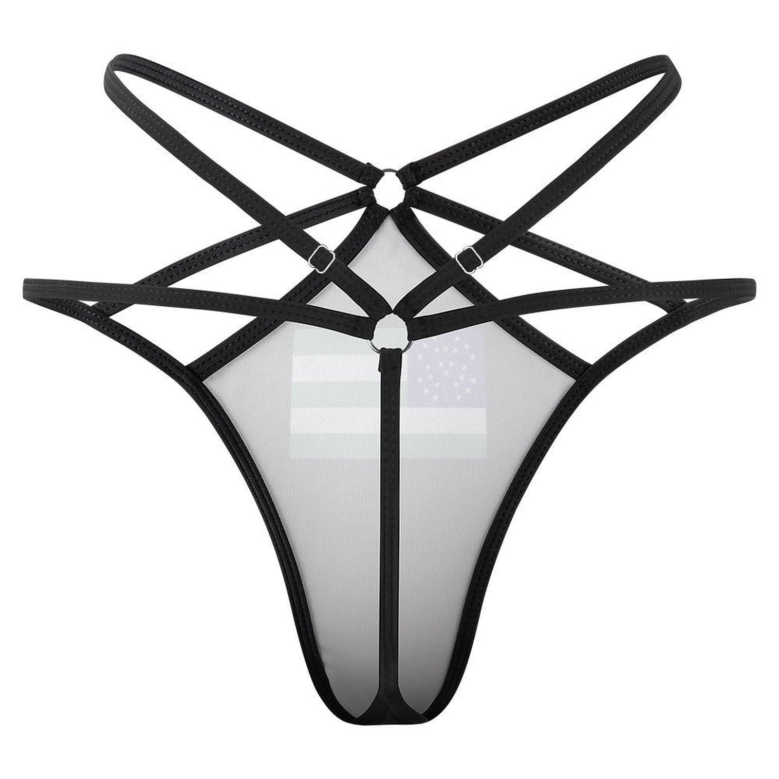 Black strappy harness lingerie by [Brand] on white background.