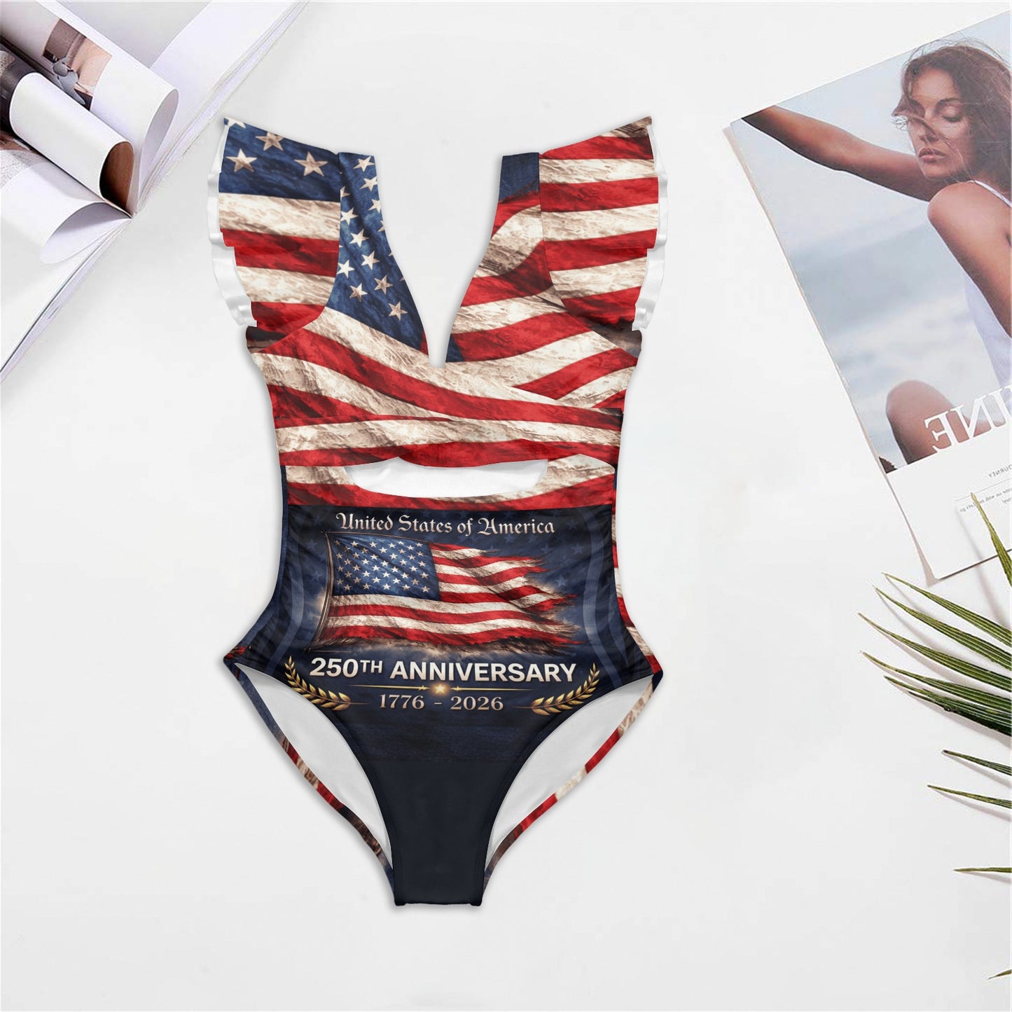 America 250 Year Anniversary USA/American Flag Inspired Women's Twist Front Ruffle Sleeve Swimsuit