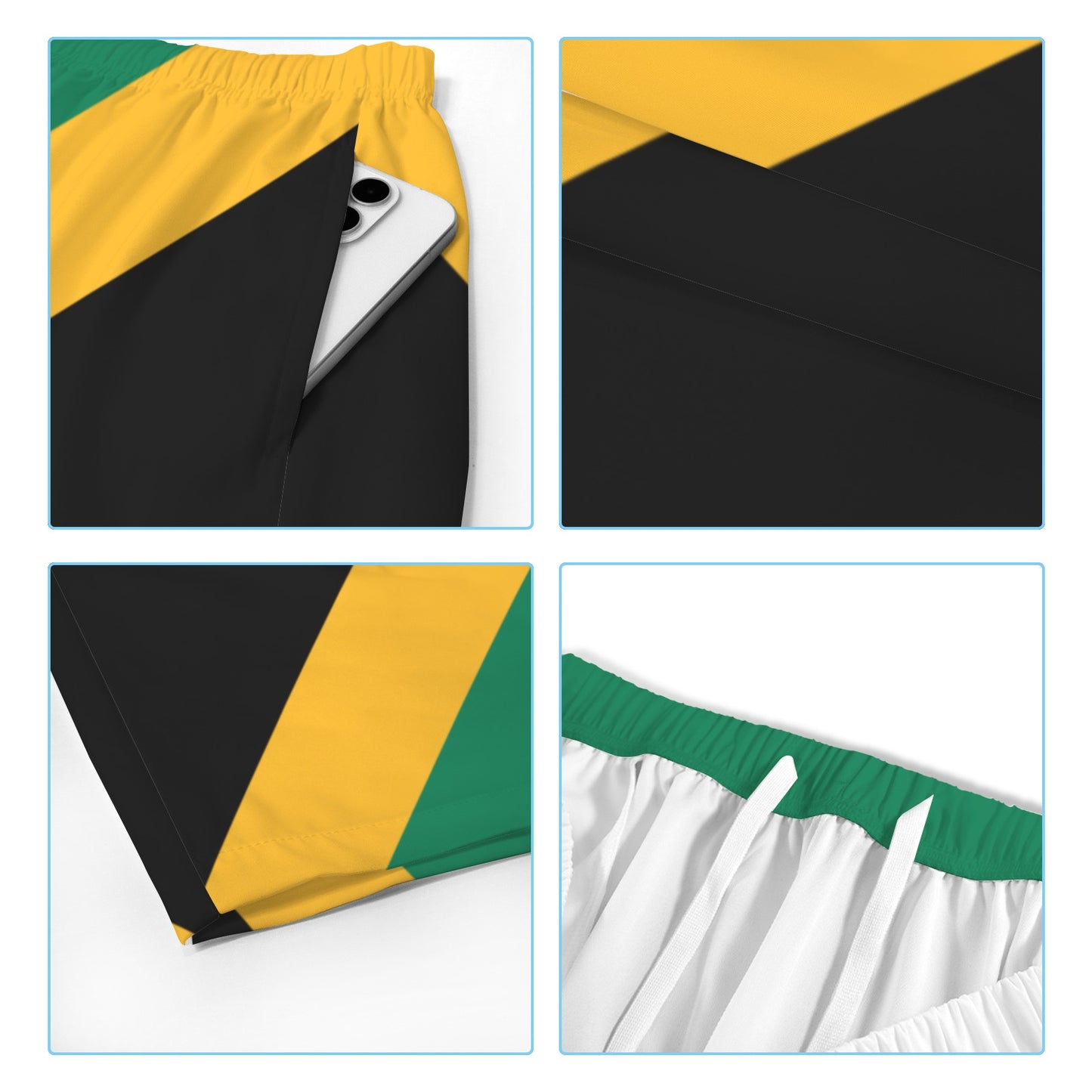 Jamaica Flag Inspired Men’s Draw String Pocket Beach Shorts Printed in the USA