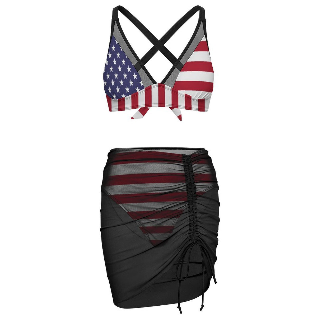 USA/American Flag Inspired Women's Mesh Drawstring Skirt and Swimsuit Set Style-3