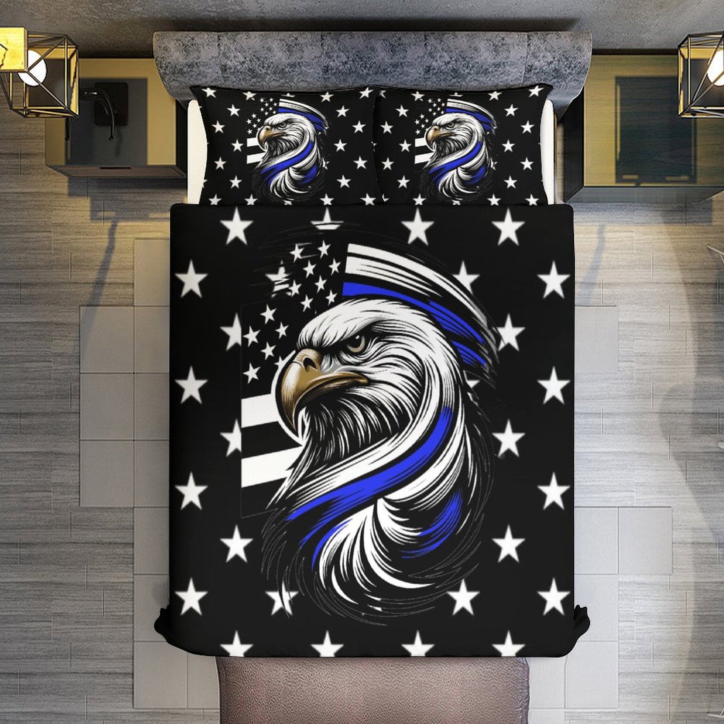 Thin Blue Line Flag Inspired Eagle 3-Piece Bedding Set (1 Duvet Cover + 2 Pillow Shams) – 102"×90"