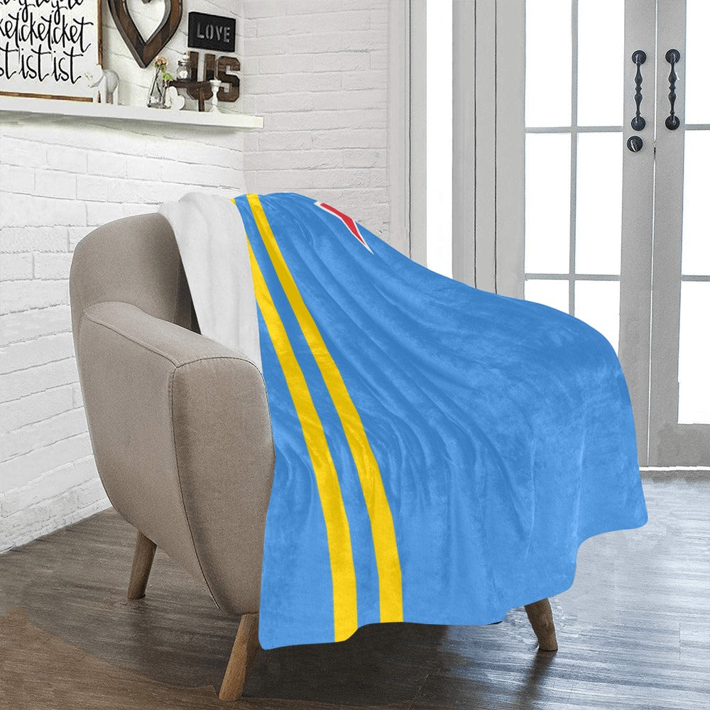 Cozy [Luv My Flag] blanket draped over armchair indoors.