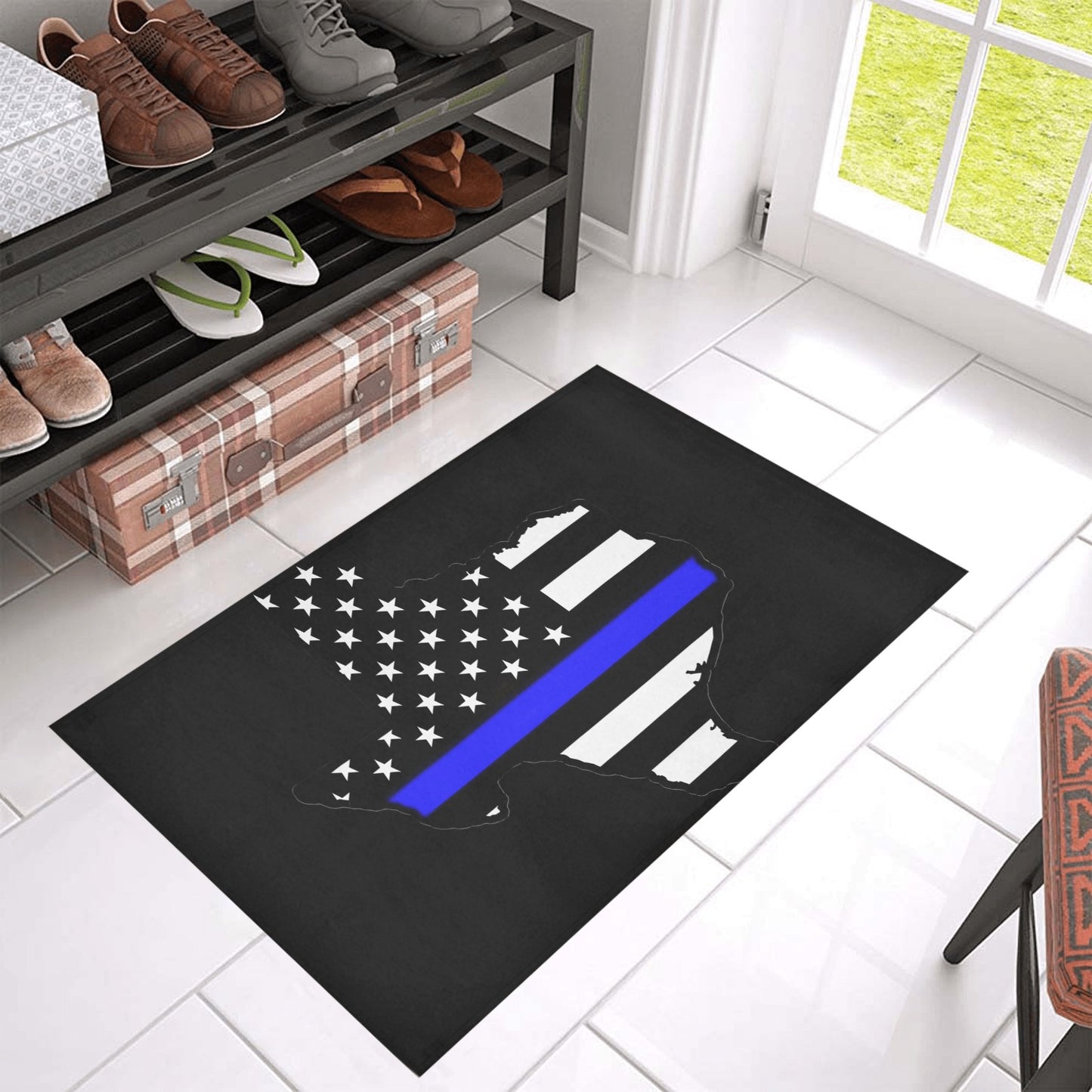 Texas Shape Thin Blue Line Flag Inspired Doormat 30" x 18" (Sponge Material)