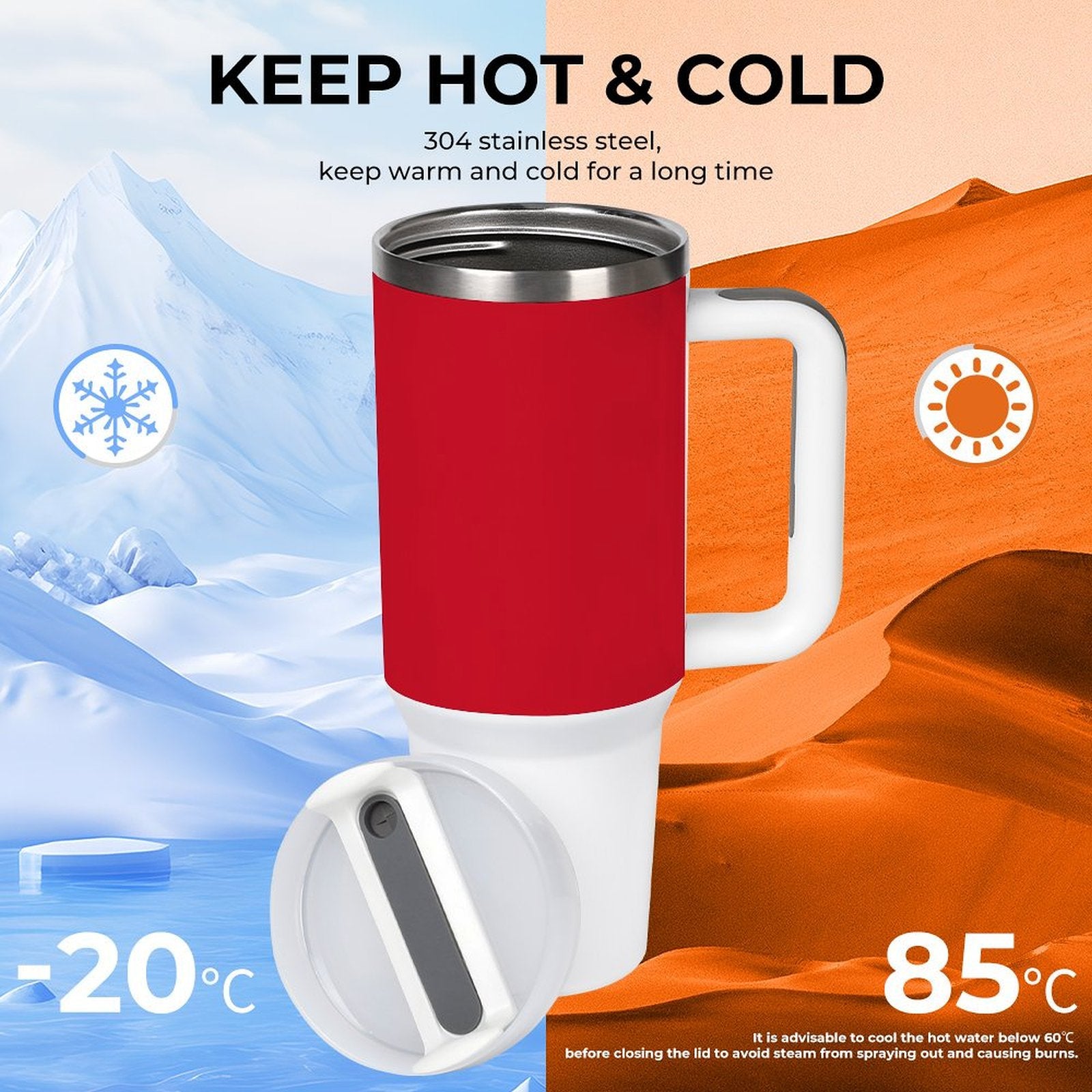 Red [Brand] tumbler, temperature range -20°C to 85°C.