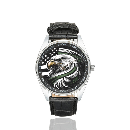Thin Green Line Eagle Men's Casual  Leather Strap Watch