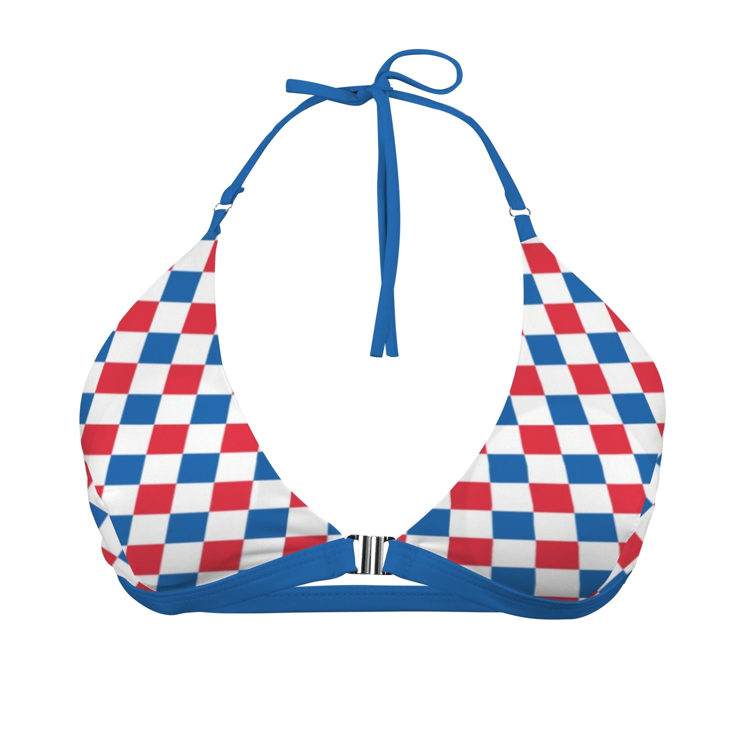 USA/American Flag Inspired Checkered Pattern Women's Halter Bikini Top with Front Buckle