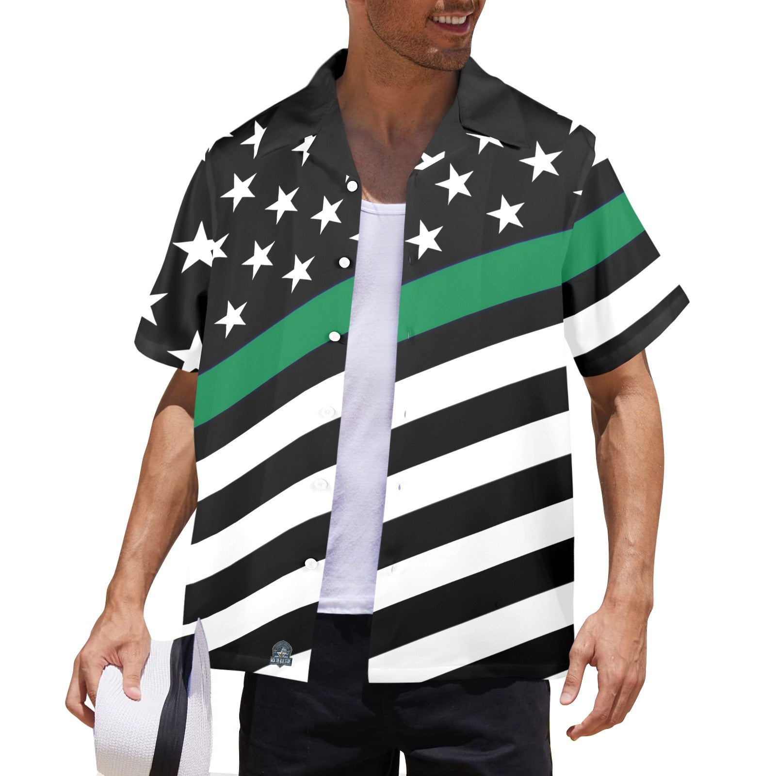 Man wearing [Brand] shirt featuring stripes and star design.