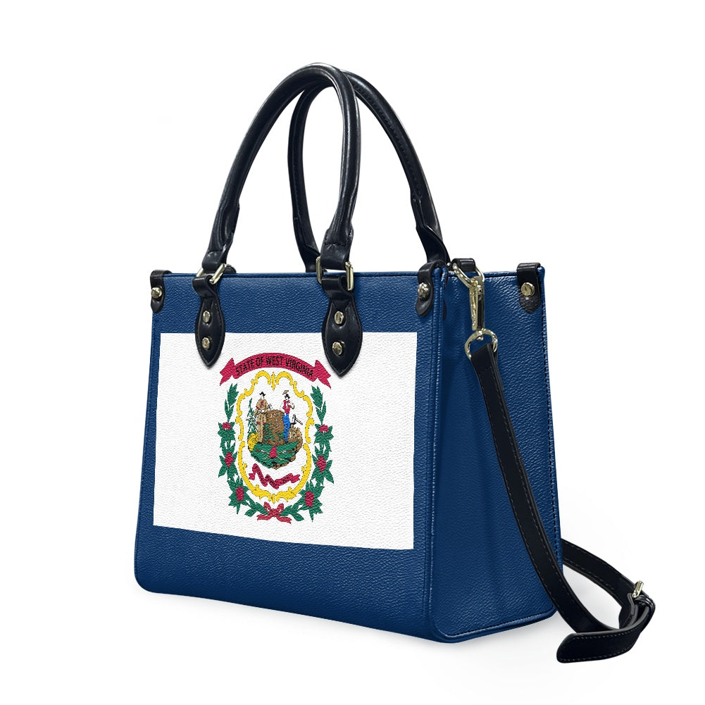 [Brand] blue handbag featuring West Virginia state flag design.