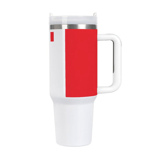 [Brand] insulated white and red travel mug with handle.