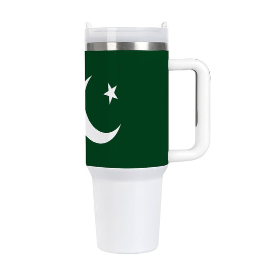 [Brand] travel mug with Pakistan flag design, white handle.