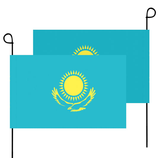 Two Luv My Flag Kazakhstan garden flags on poles.
