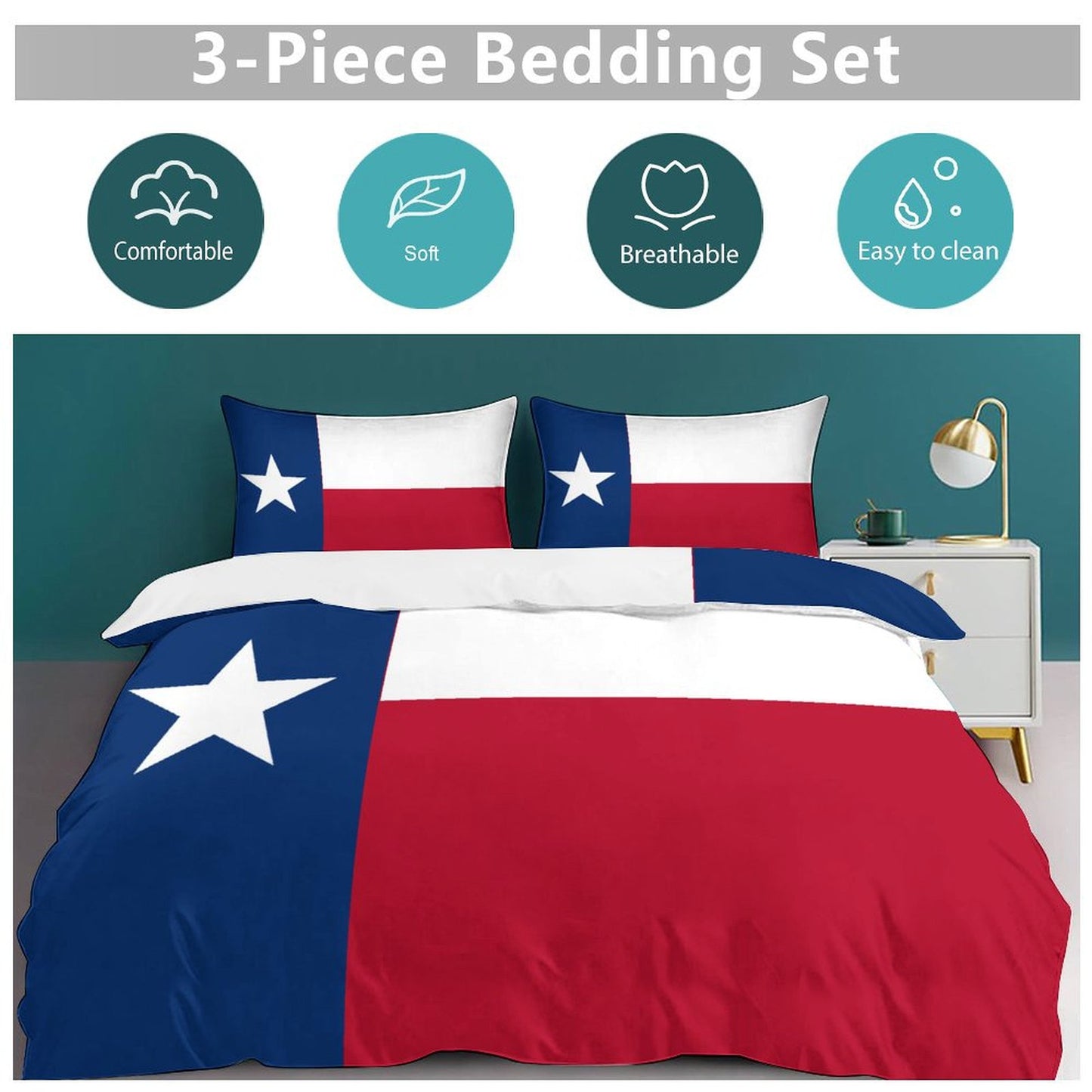 Texas Flag Inspired 3-Piece Bedding Set (1 Duvet Cover + 2 Pillow Shams) – 102"×90"