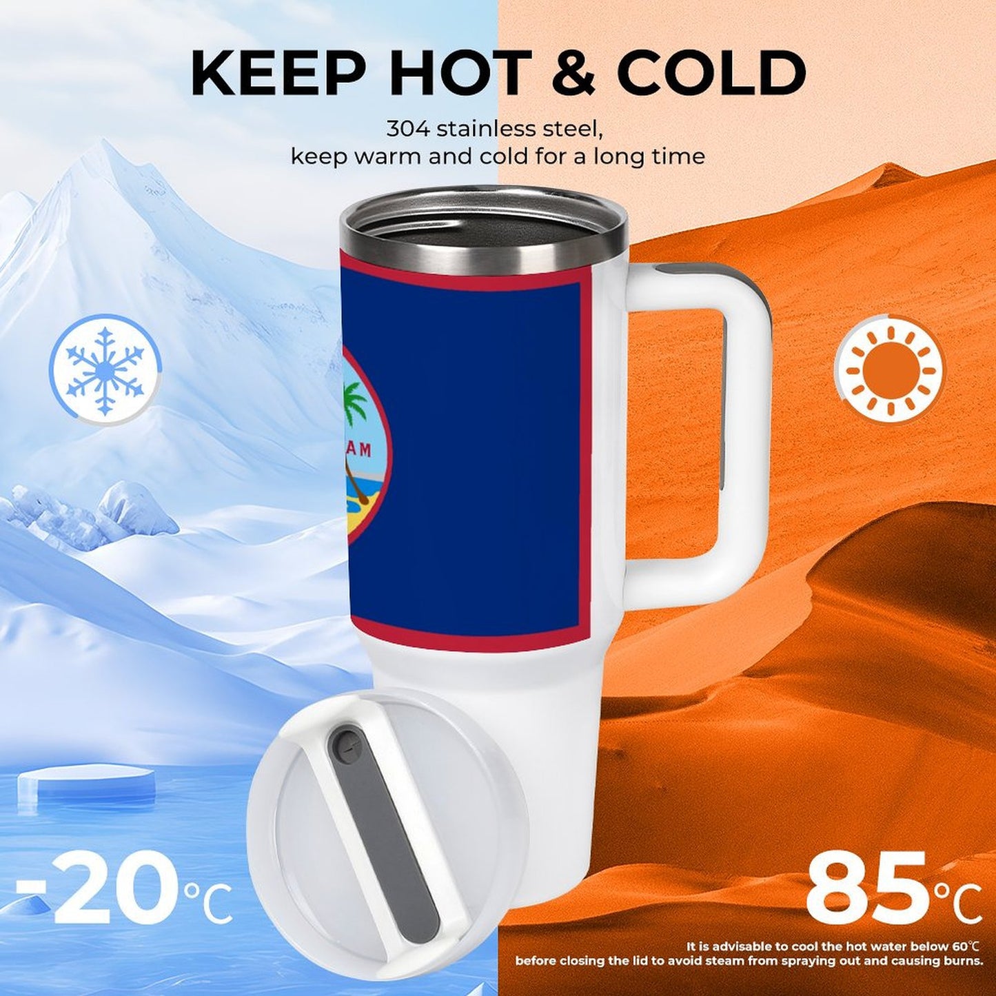 [Brand] thermal mug, keeps drinks hot or cold efficiently.