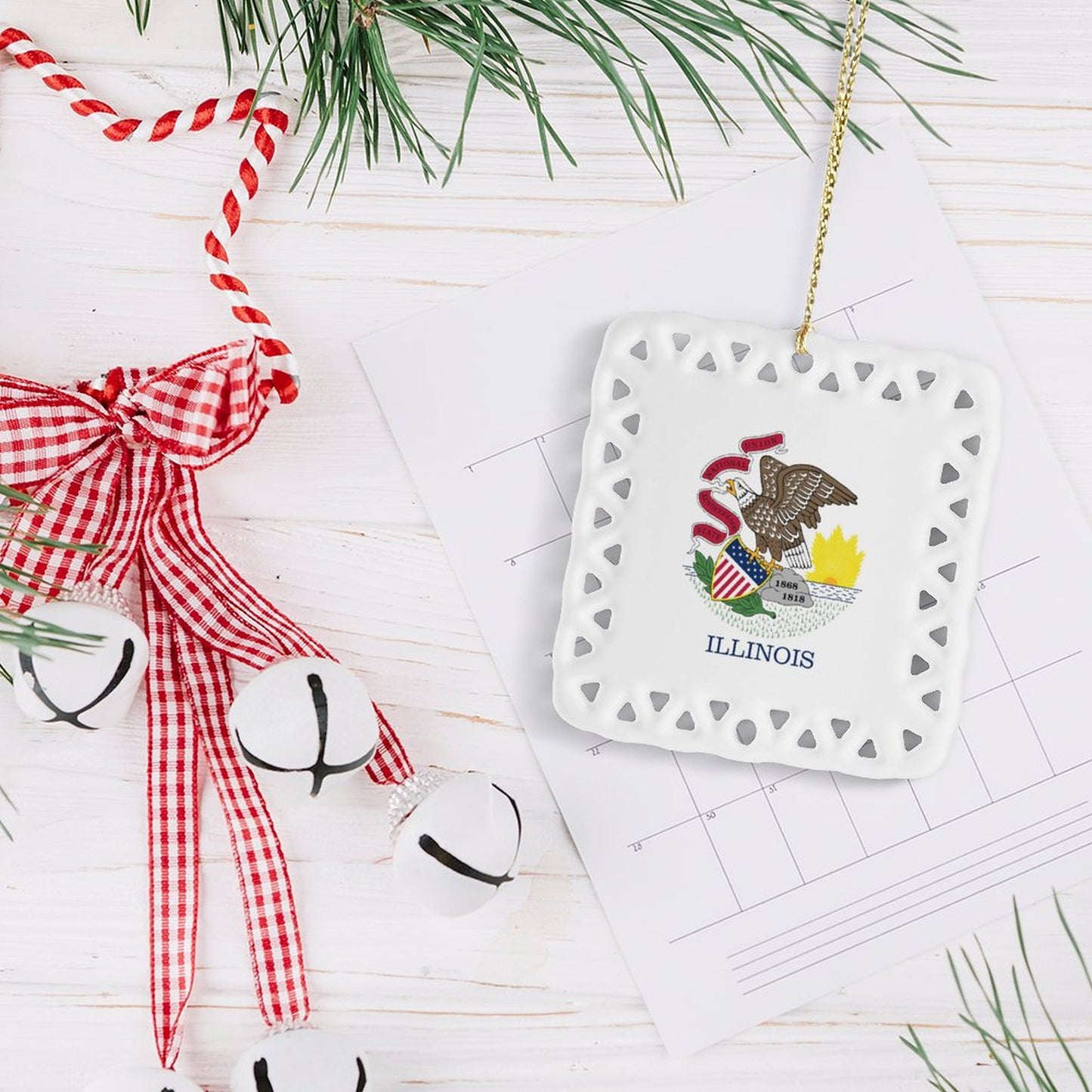 Illinois Flag Inspired Square Ceramic Ornament Made in the USA