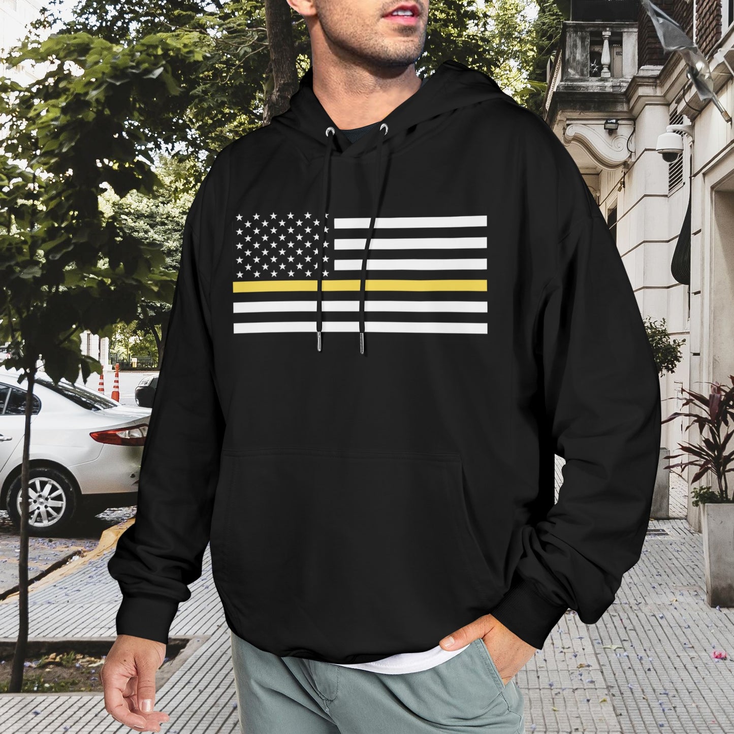 Thin Gold Line Flag Inspired Men's Hoodie (Made in the USA)