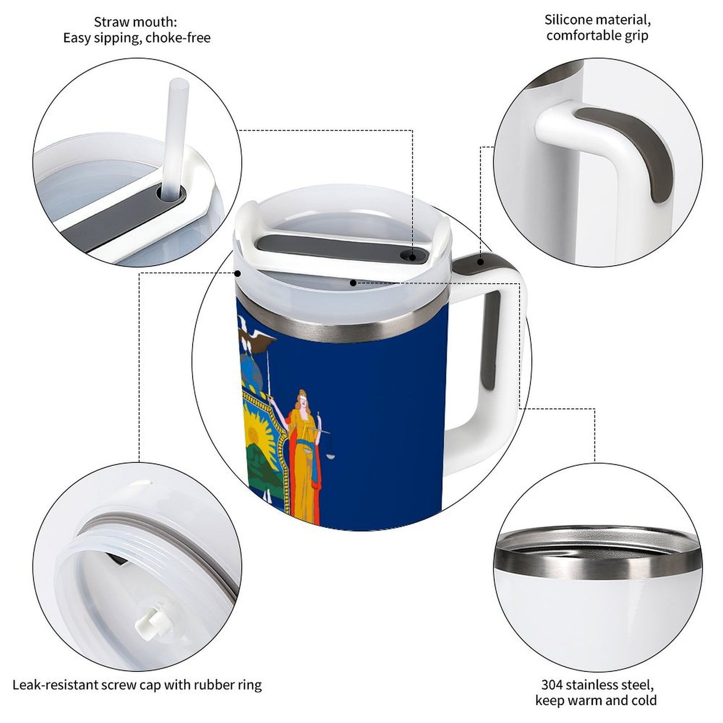 [Brand] travel mug with straw, silicone handle, and steel body.