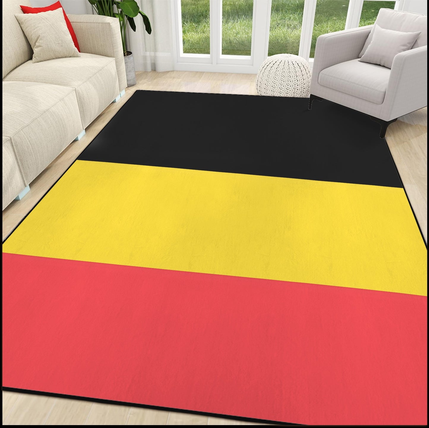 Belgium Flag Inspired 84x60 Inch Area Rug with Black Binding (Made in the USA)