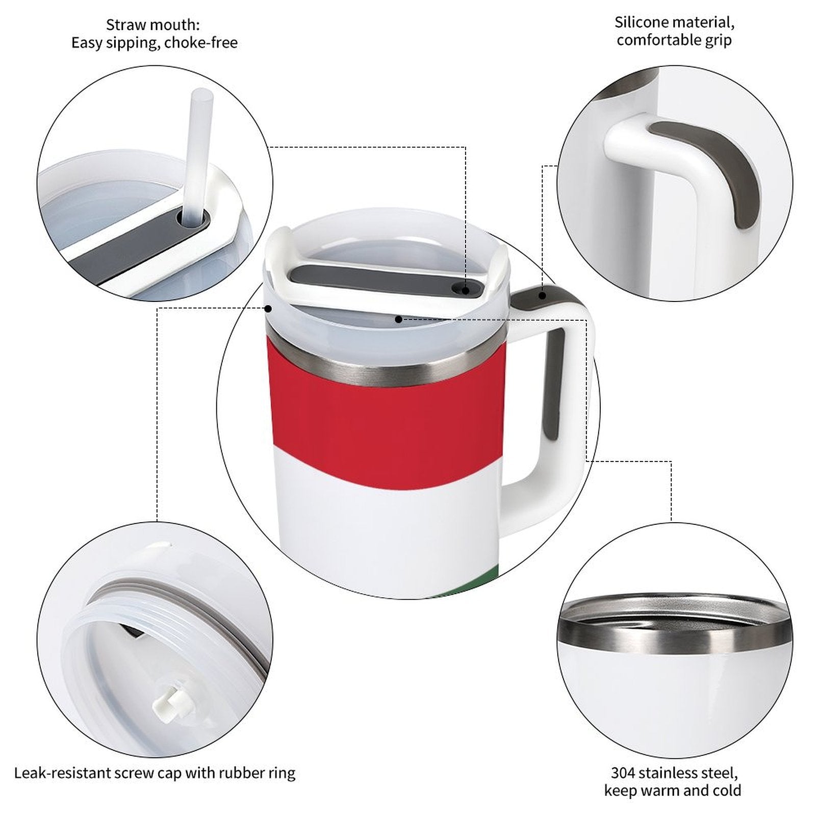 [Brand] insulated mug with straw, comfortable grip, stainless steel.