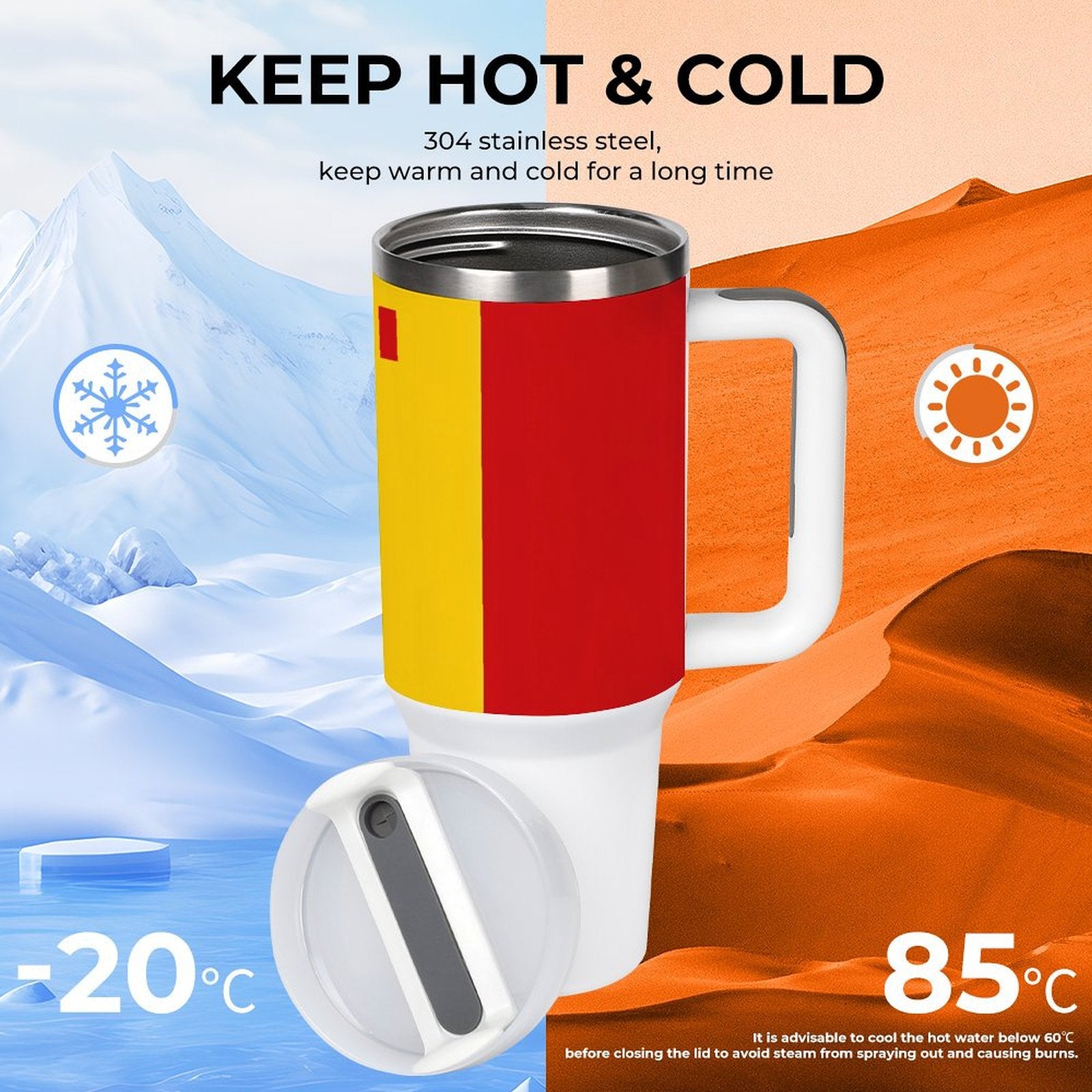 [Brand] insulated mug with mountainous landscape, showing temperature icons.
