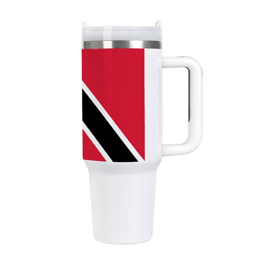 White travel mug with red flag design, [Brand].