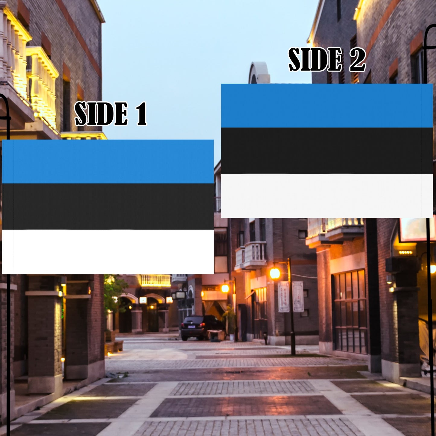 Two Estonian flags by Luv My Flag in alleyway.