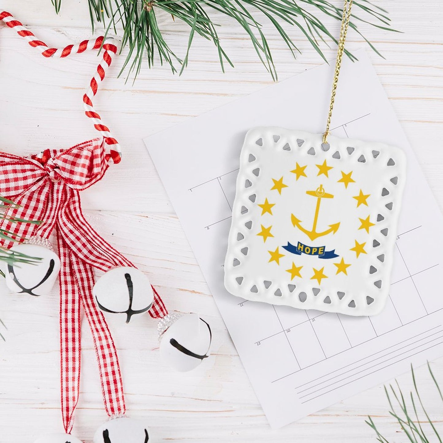 Rhode Island Flag Inspired Square Ceramic Ornament Made in the USA