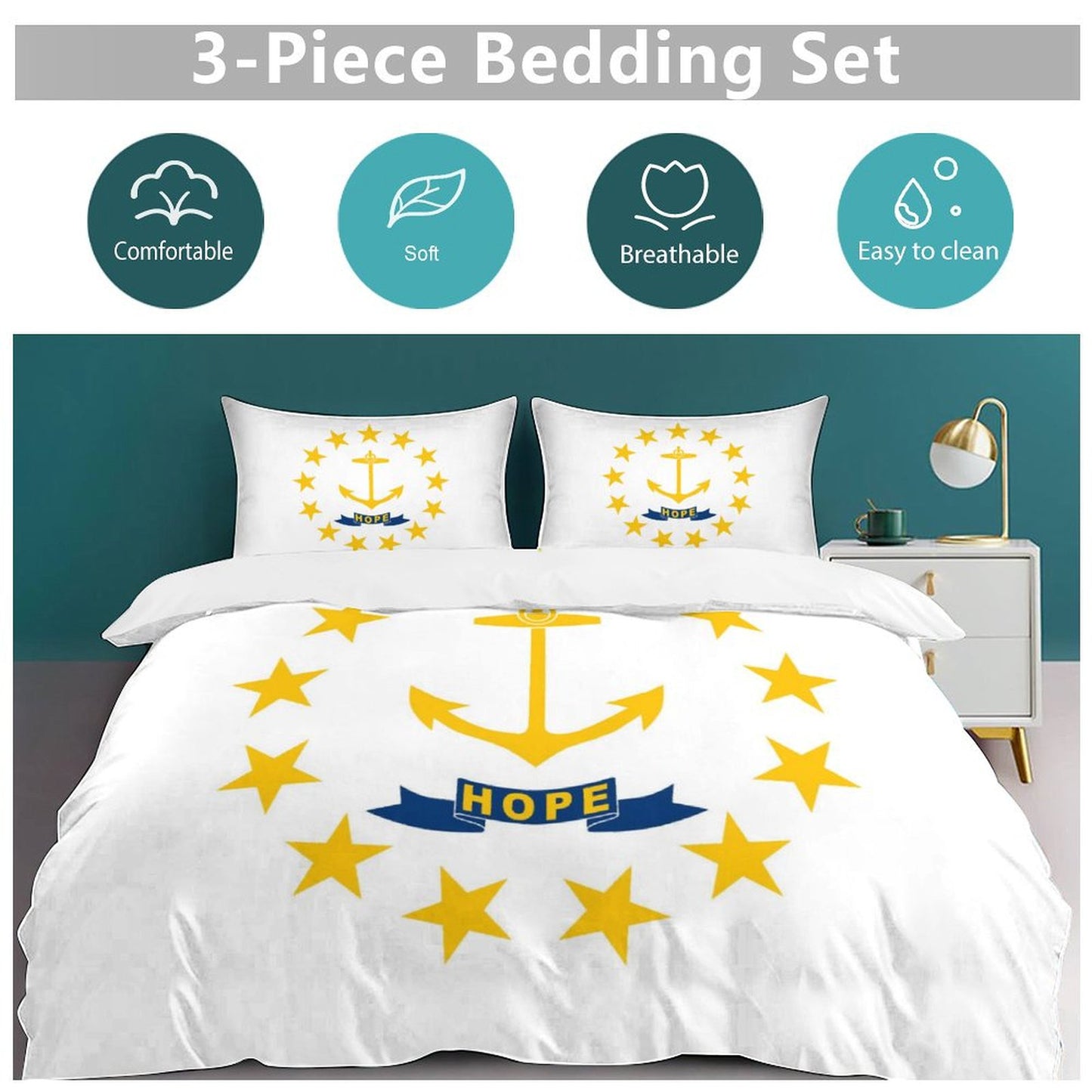 Rhode Island Flag Inspired 3-Piece Bedding Set (1 Duvet Cover + 2 Pillow Shams) – 102"×90"