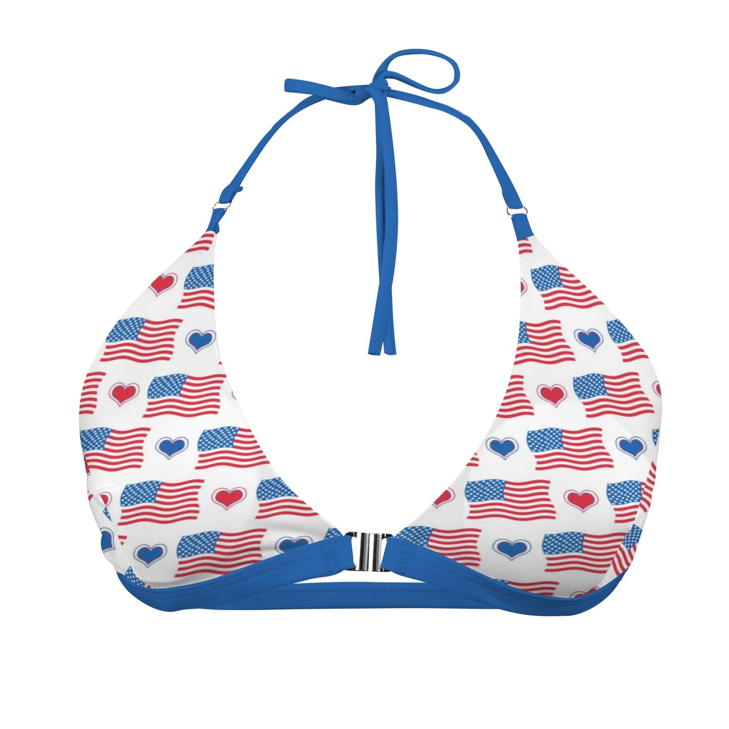 USA/American Flag Inspired Flag and Hearts Pattern Women's Halter Bikini Top with Front Buckle