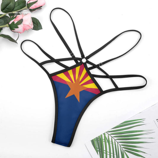 [Brand] strappy bikini bottom with Arizona flag design displayed.