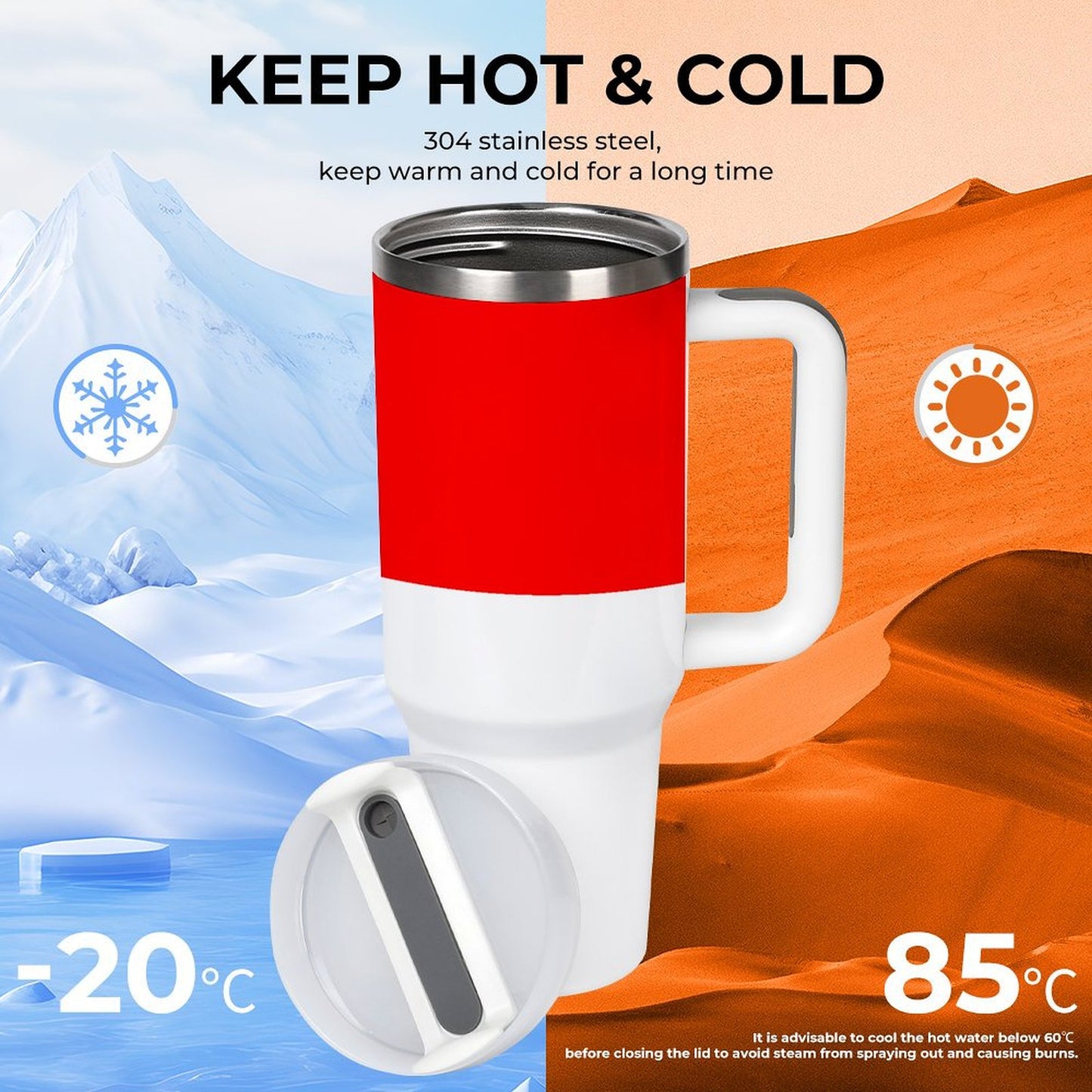 [Brand] travel mug, keeps drinks hot or cold efficiently.