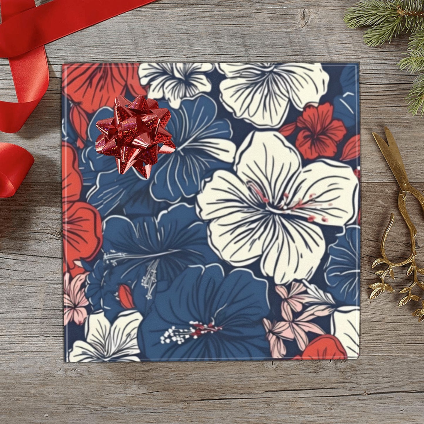 USA/American Flag Inspired Hawaiian Floral Pattern Custom Gift Wrapping Paper 58"x 22.5" (4 Rolls)