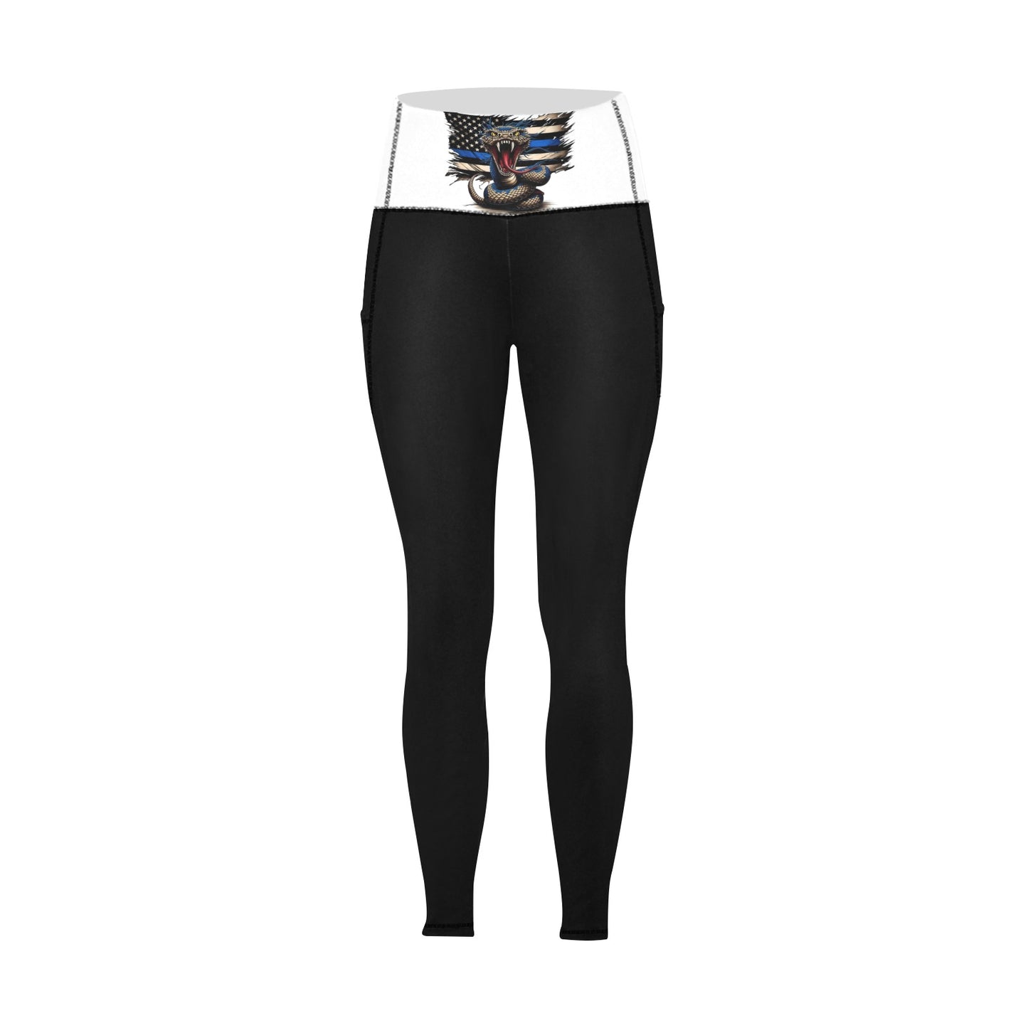Thin Blue Line Flag Inspired Snake Women's High Waist Leggings with Pockets