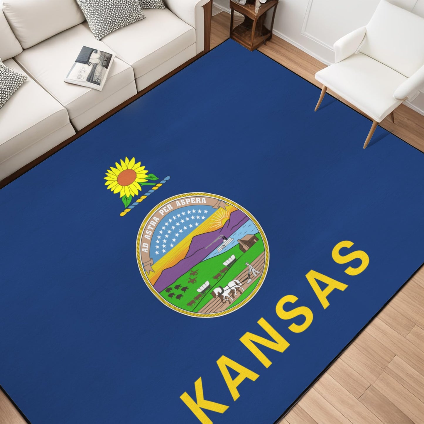 Kansas Flag Inspired 84x60 Inch Area Rug with Black Binding (Made in the USA)