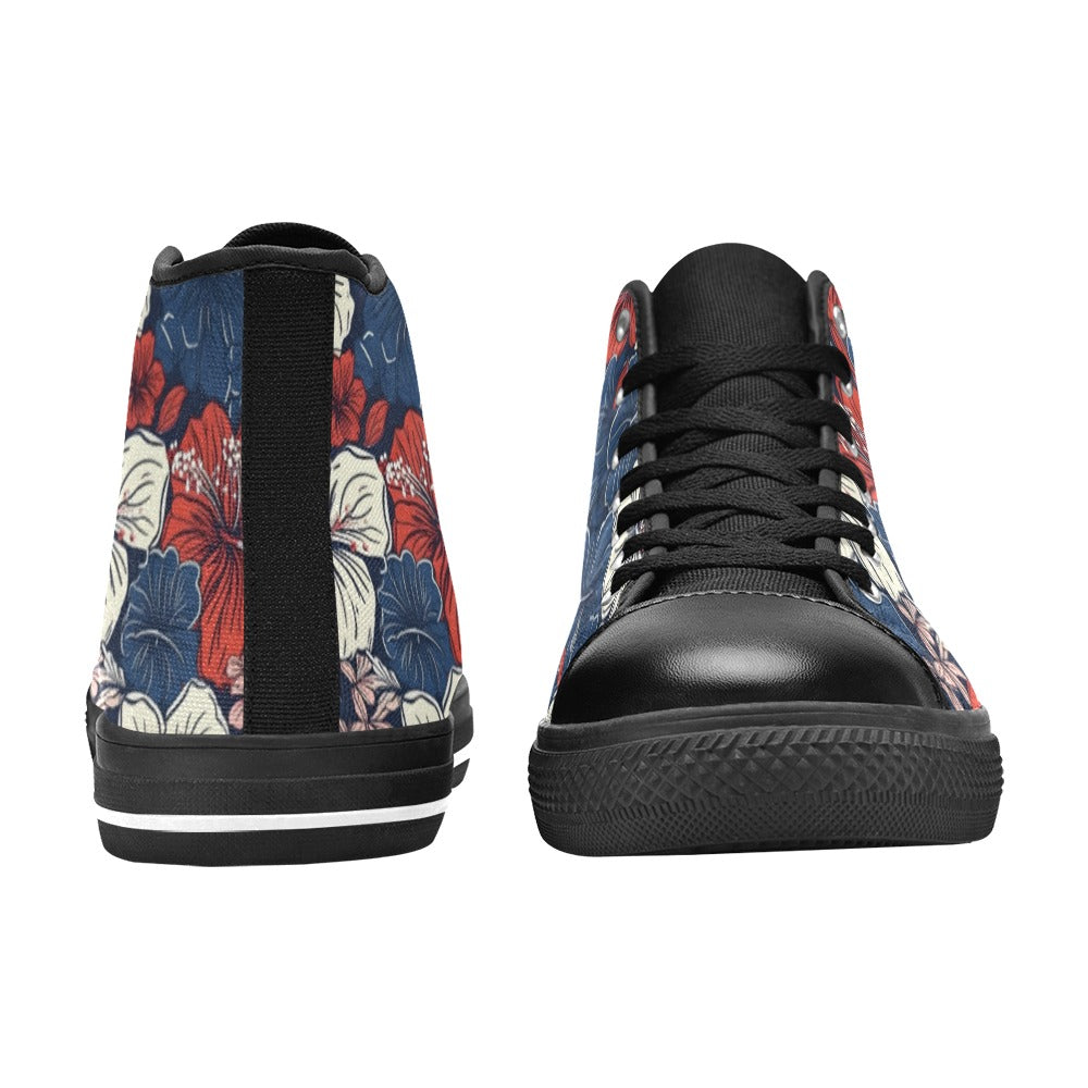 USA/American Flag Inspired Hawaiian Floral Pattern Kid's High Top Canvas Shoes