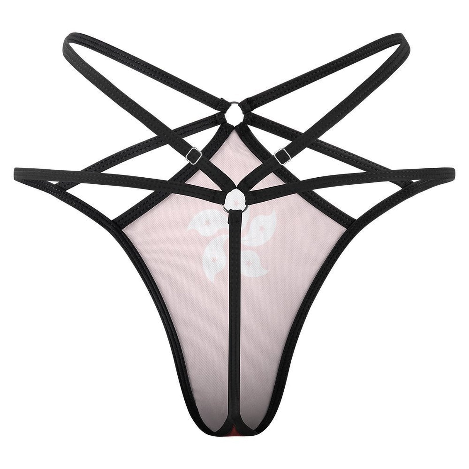 Black strappy design underwear with [Brand] logo, sleek appearance.