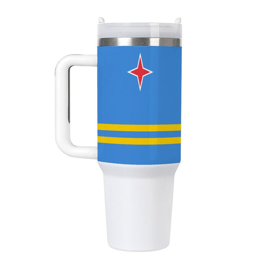 Blue [Brand] travel mug with blue, yellow design.