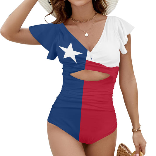 Texas Flag Inspired Women's Twist Front Ruffle Sleeve Swimsuit