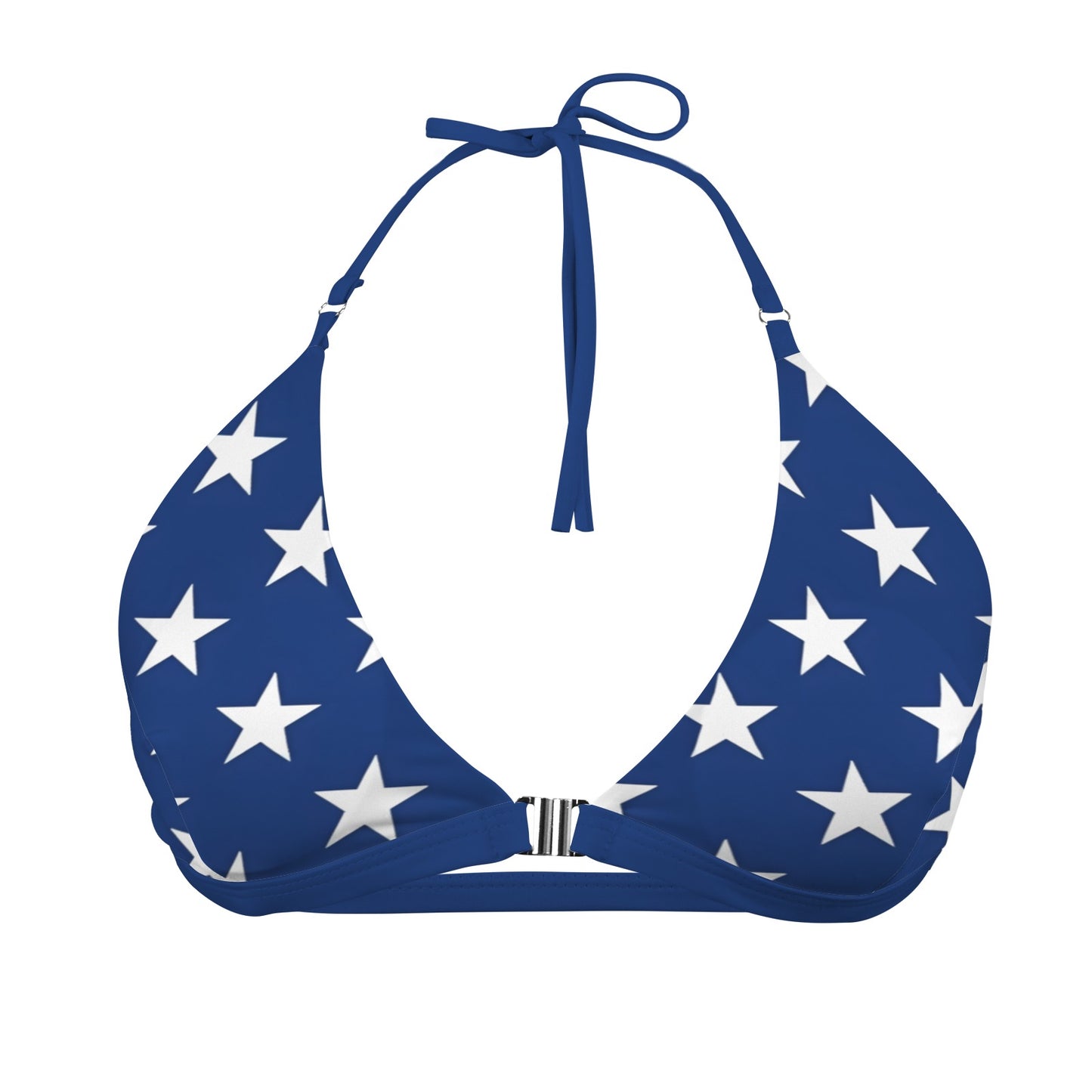 USA/American Flag Inspired White Stars On Blue w/Blue String Sexy Halter Bikini Top (Front Buckle)
