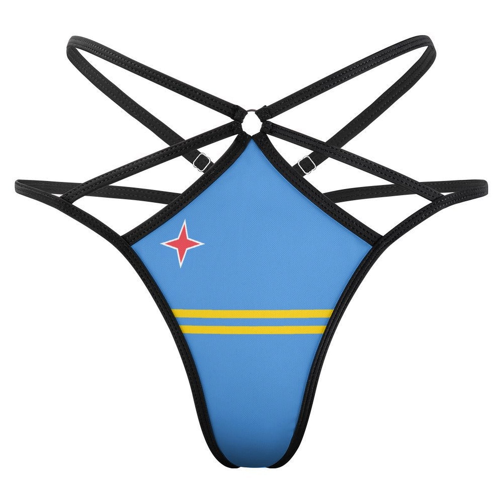 [Brand] blue thong with black straps, featuring yellow stripes.