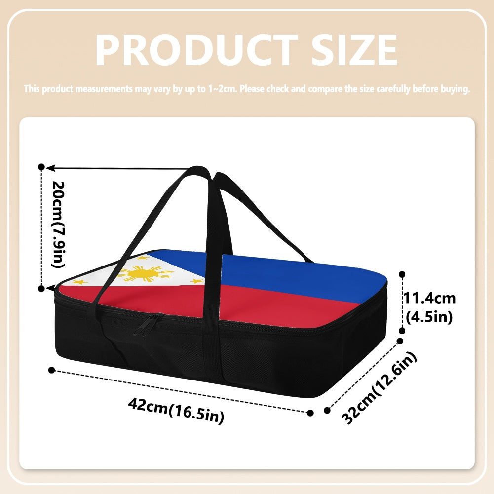 [Brand] bag with Philippine flag design, displaying dimensions.