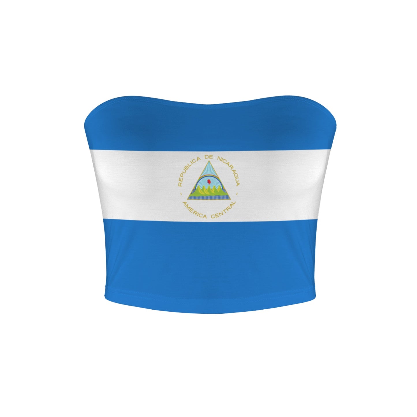 [Brand] tube top featuring the Nicaraguan flag design, strapless.