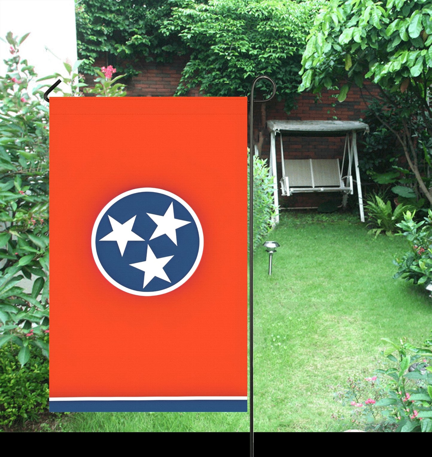 [Luv My Flag] garden flag with three stars, vibrant design.