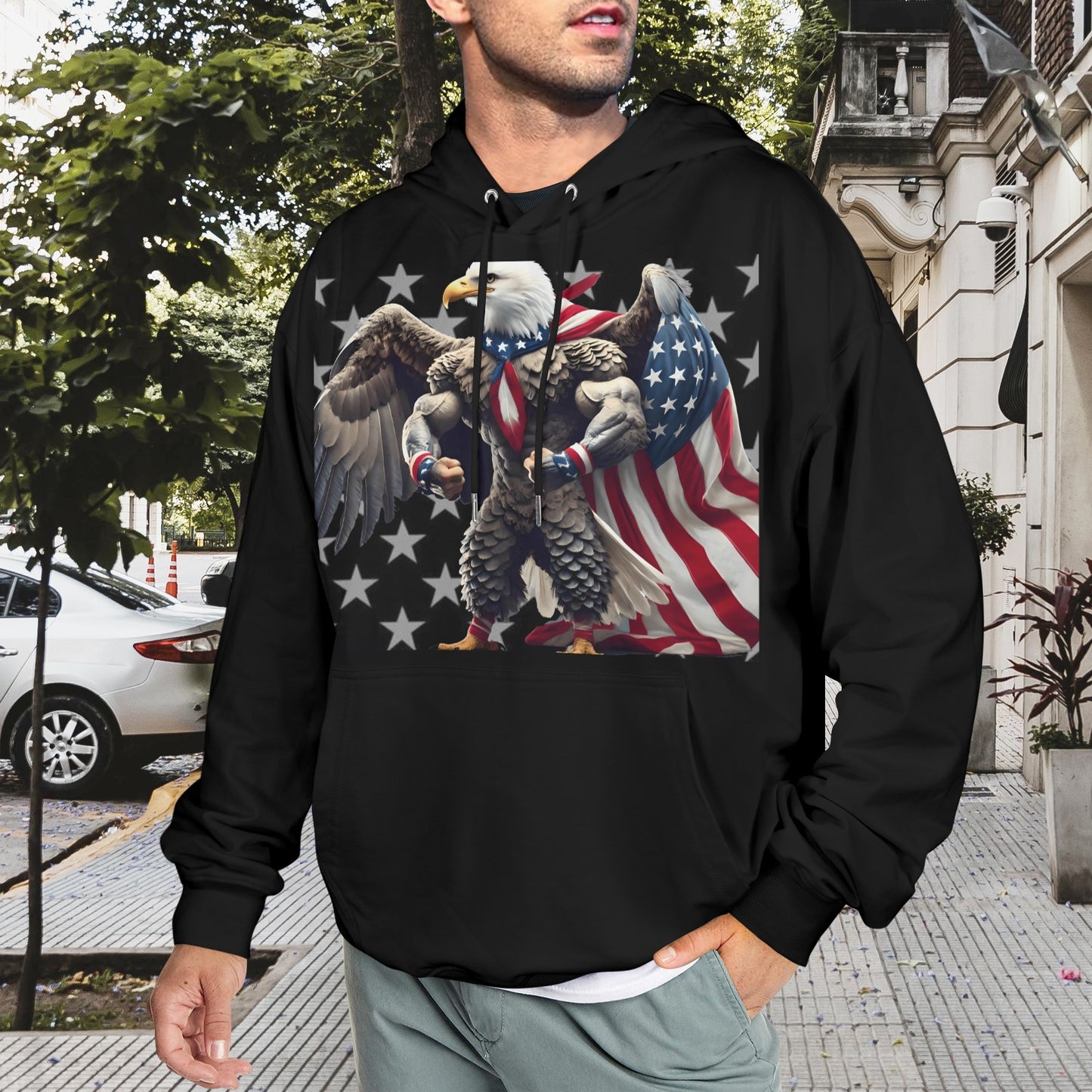 USA/American Flag Inspired Eagle with Cape Men's Hoodie (Made in the USA)