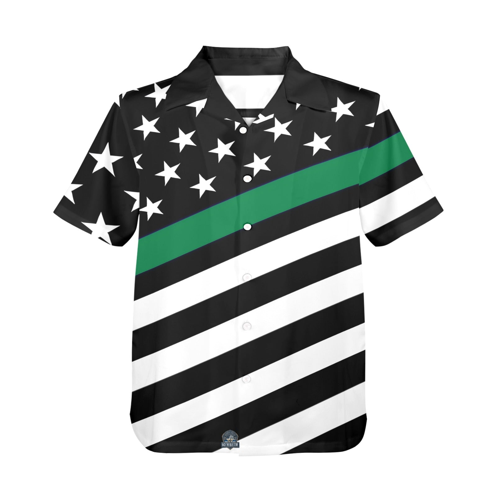 [Brand] shirt with bold stars and striped pattern design.
