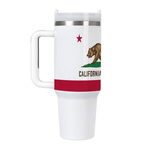 [Brand] white travel mug featuring the California state flag.