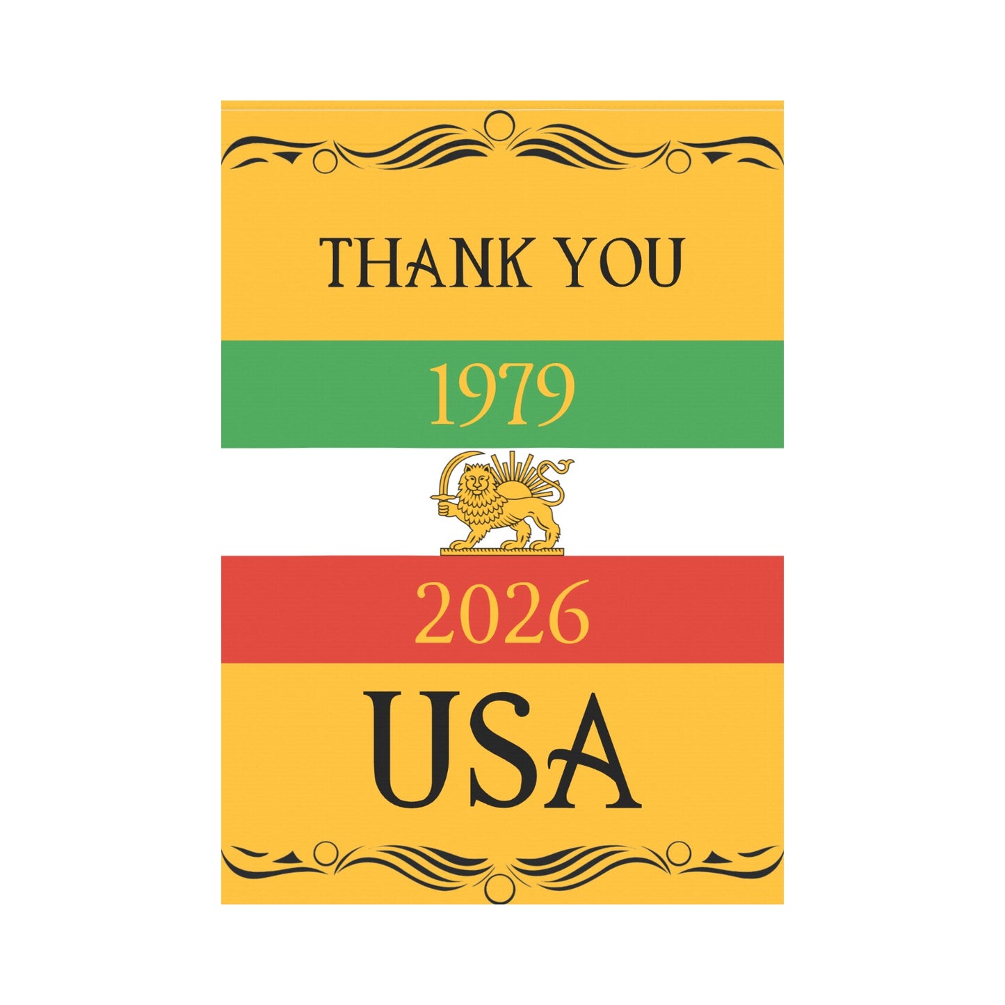 Iran Lion and Sun Flag Inspired Garden Flag 12 x 18 or 28 x 40 – Thank You USA / Thank You Donald Trump – Made in the USA